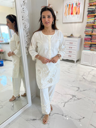 Cut Work Pearl White Coord Set - Preetibora