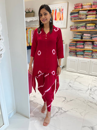 Deep Red Tie Dye Coord in Crepe Silk - Preetibora