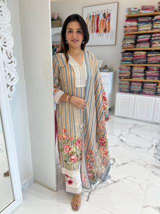 Striped Floral Lace Palazzo Set - Preetibora